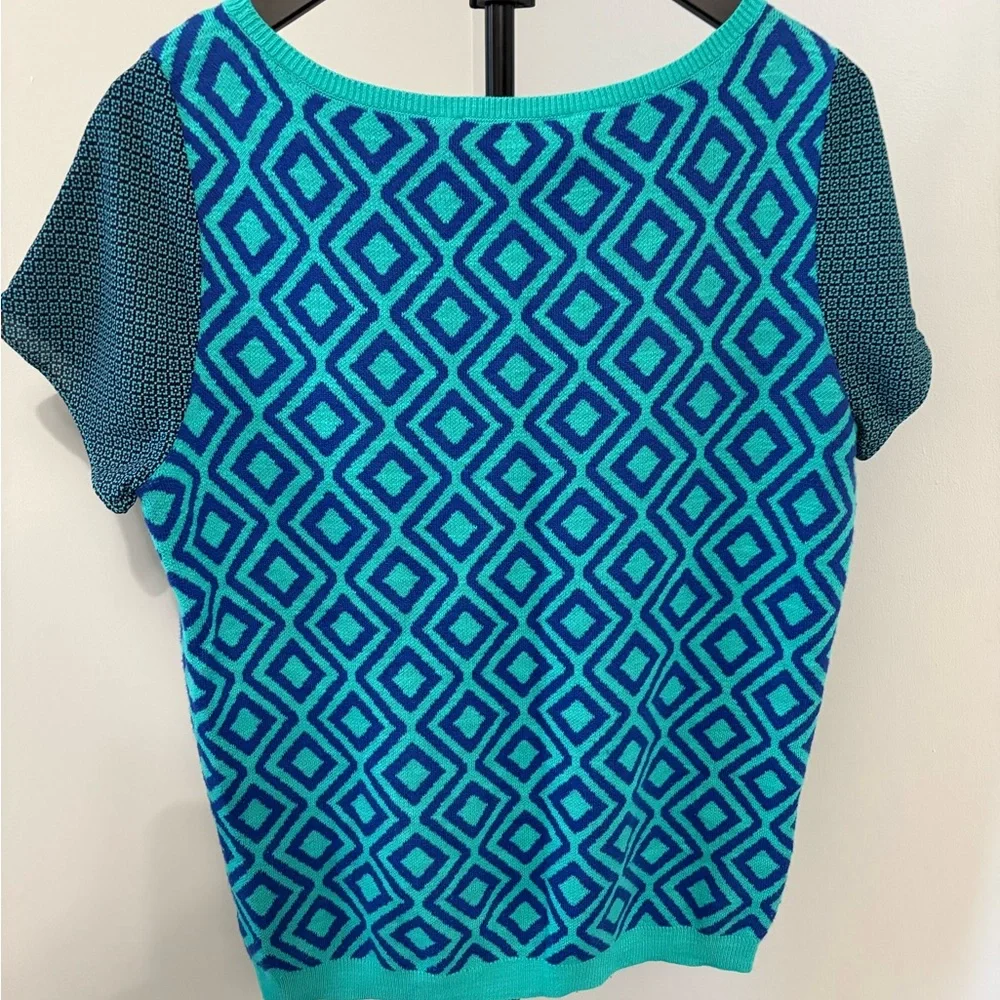 Loft Teal Geometric Mod Knit Short Sleeve Sweater Size M